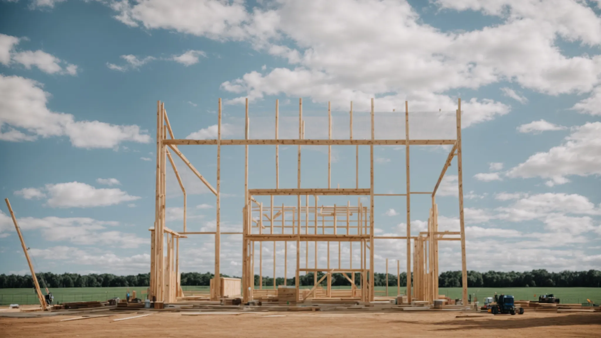 a wide view of a new barn being constructed with a clear sky in the background.