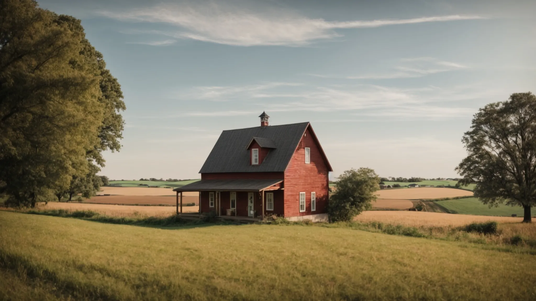 a freshly painted and sided farmhouse stands vibrant against a backdrop of sprawling farmland under a clear sky.