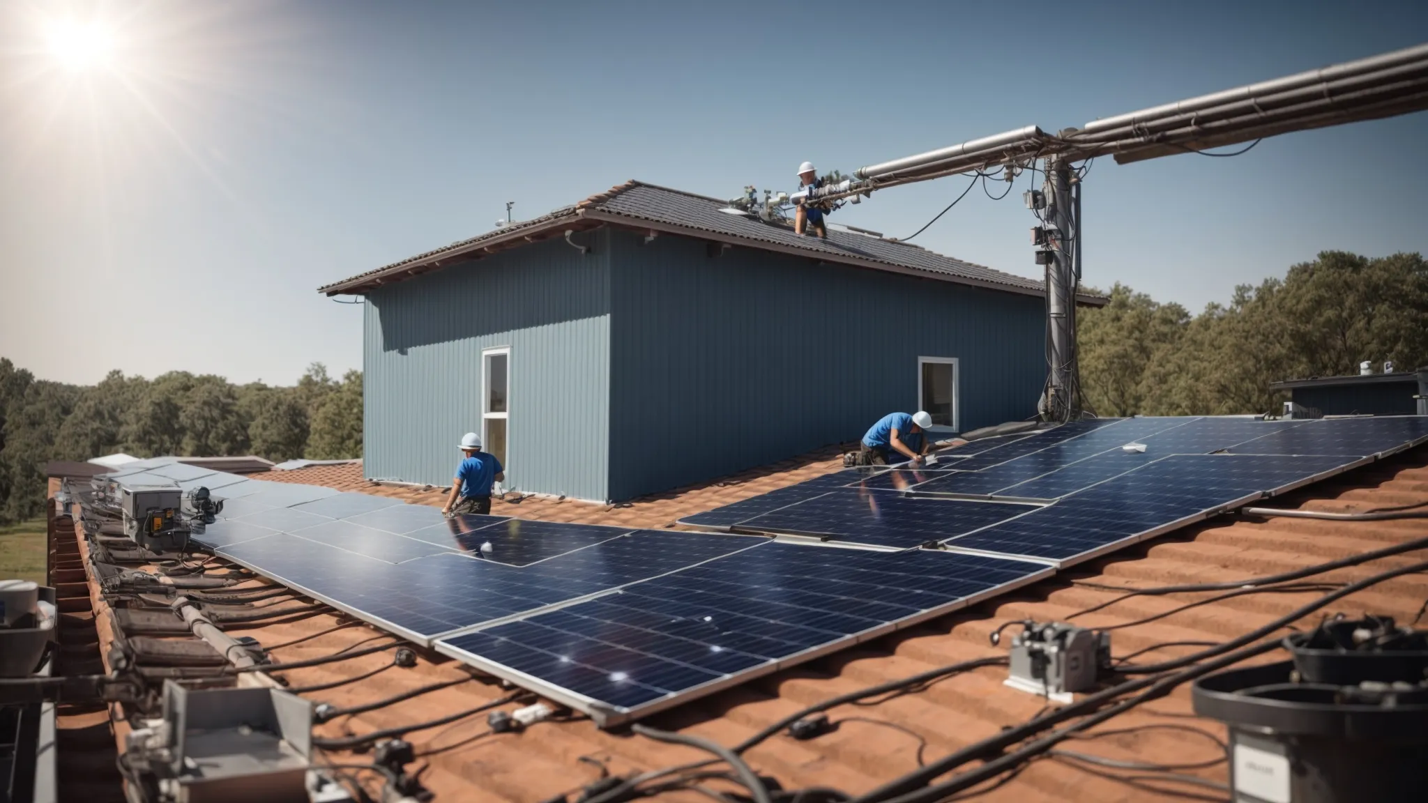 a professional electrician is installing large solar panels on a barn roof under a clear blue sky.