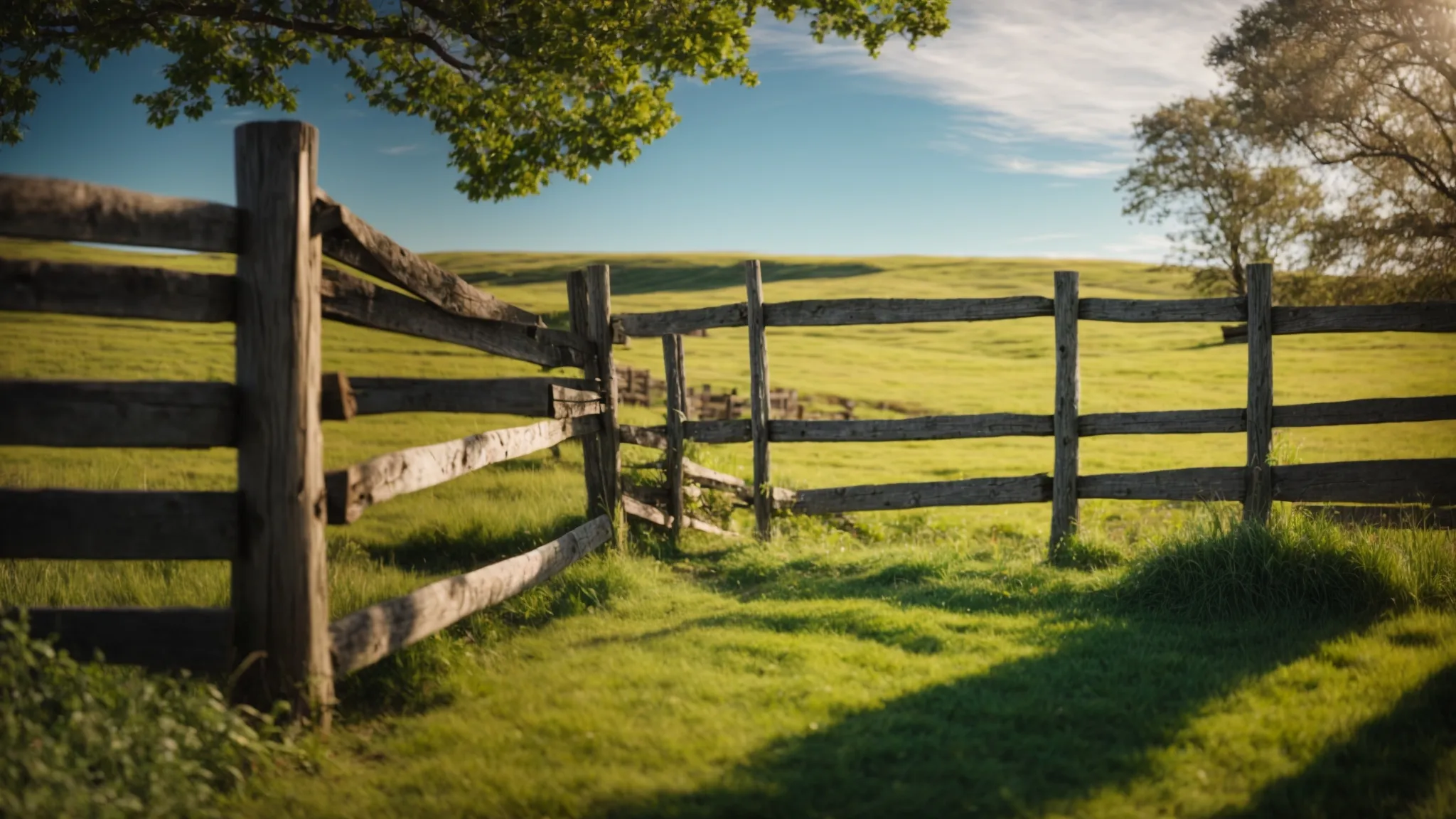 a serene morning view of a wooden fence stretching across a green pasture under a clear blue sky.