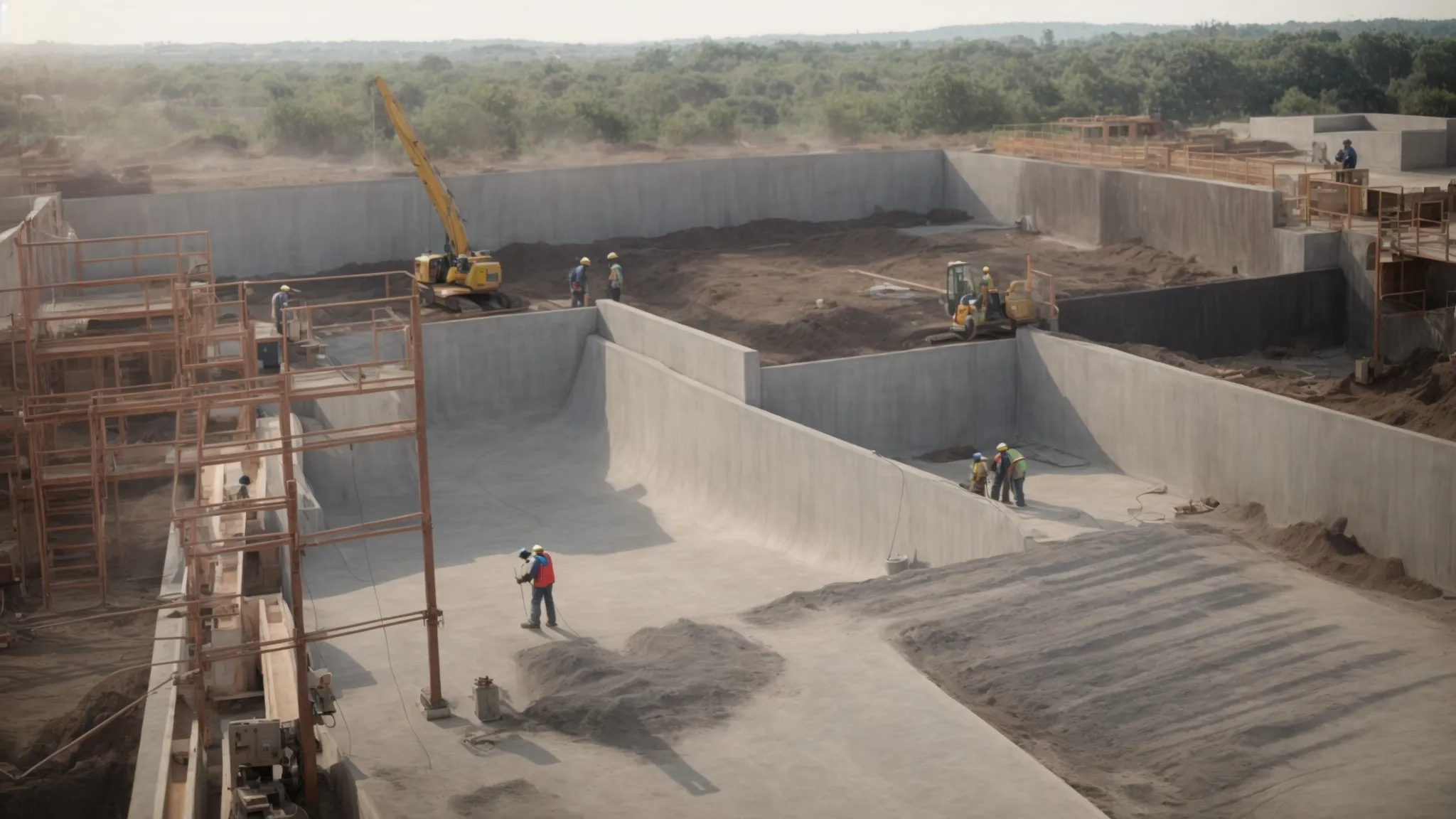 workers smooth freshly poured concrete on a large outdoor area under a bright sky.