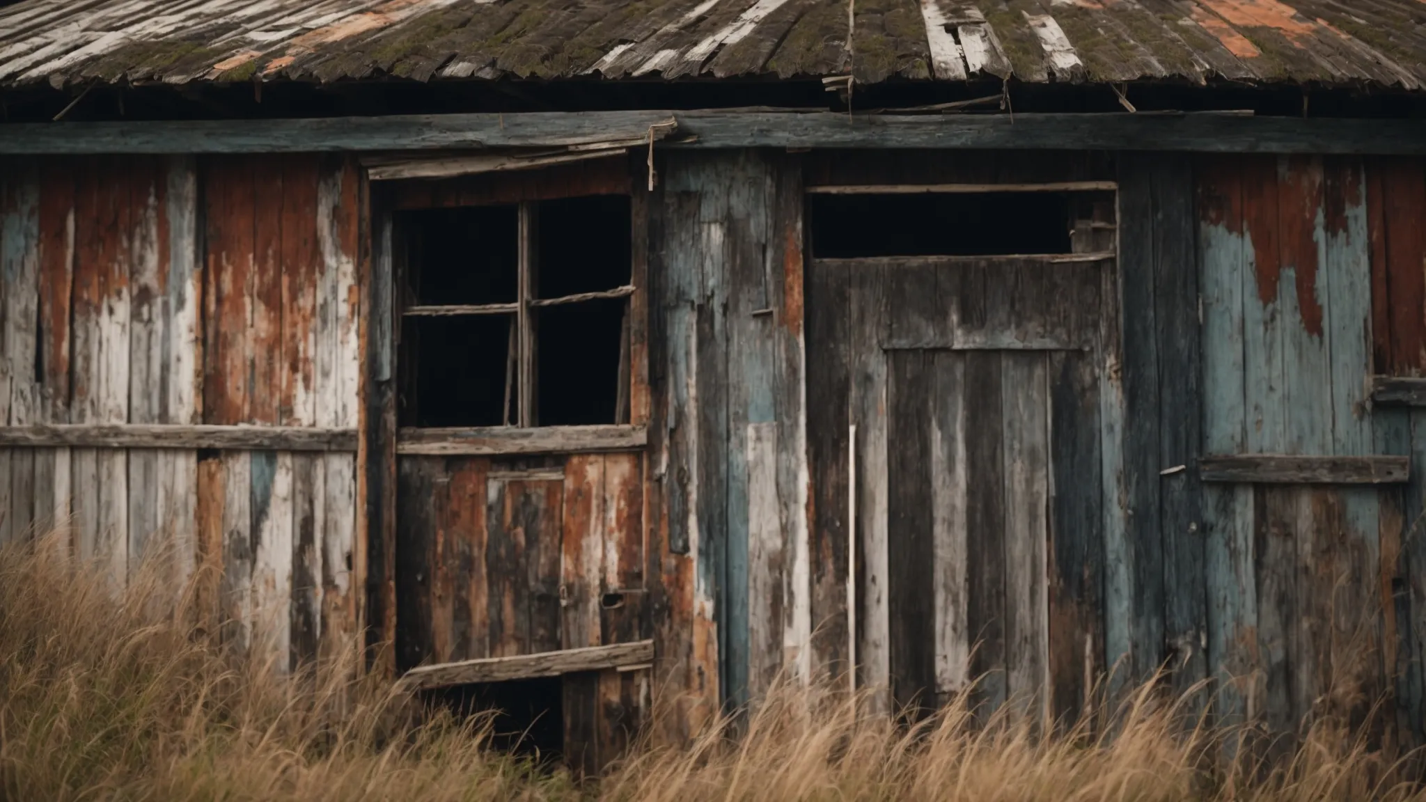 a weathered barn stands in need of repair, with sections of peeling paint and visible damage to its wooden exterior.