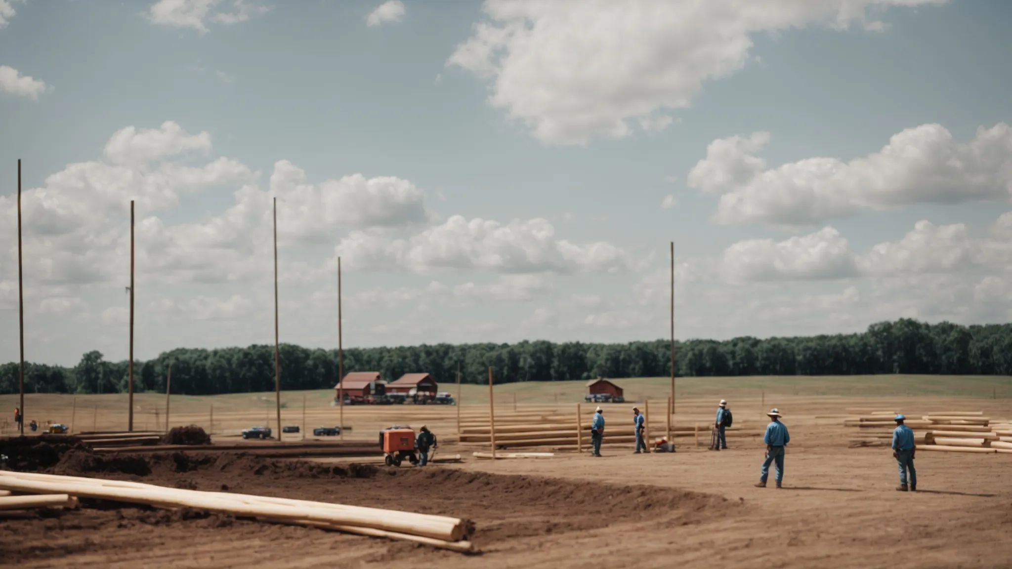 a wide view showing workers on a cleared, level plot of land, beginning to erect wooden poles for a new pole barn under a clear sky.