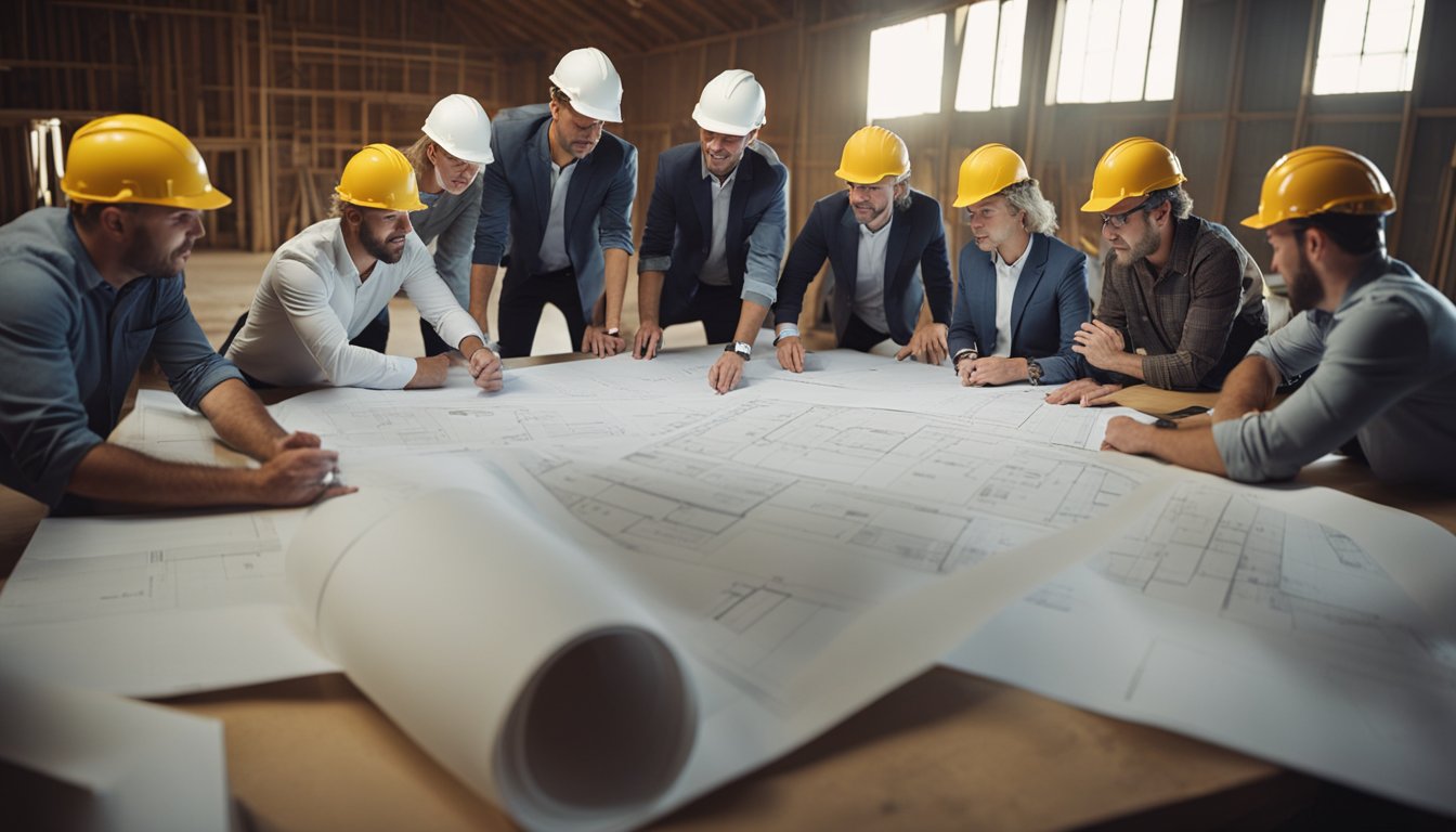 A team of architects and engineers discuss blueprints and materials for a new barn construction project