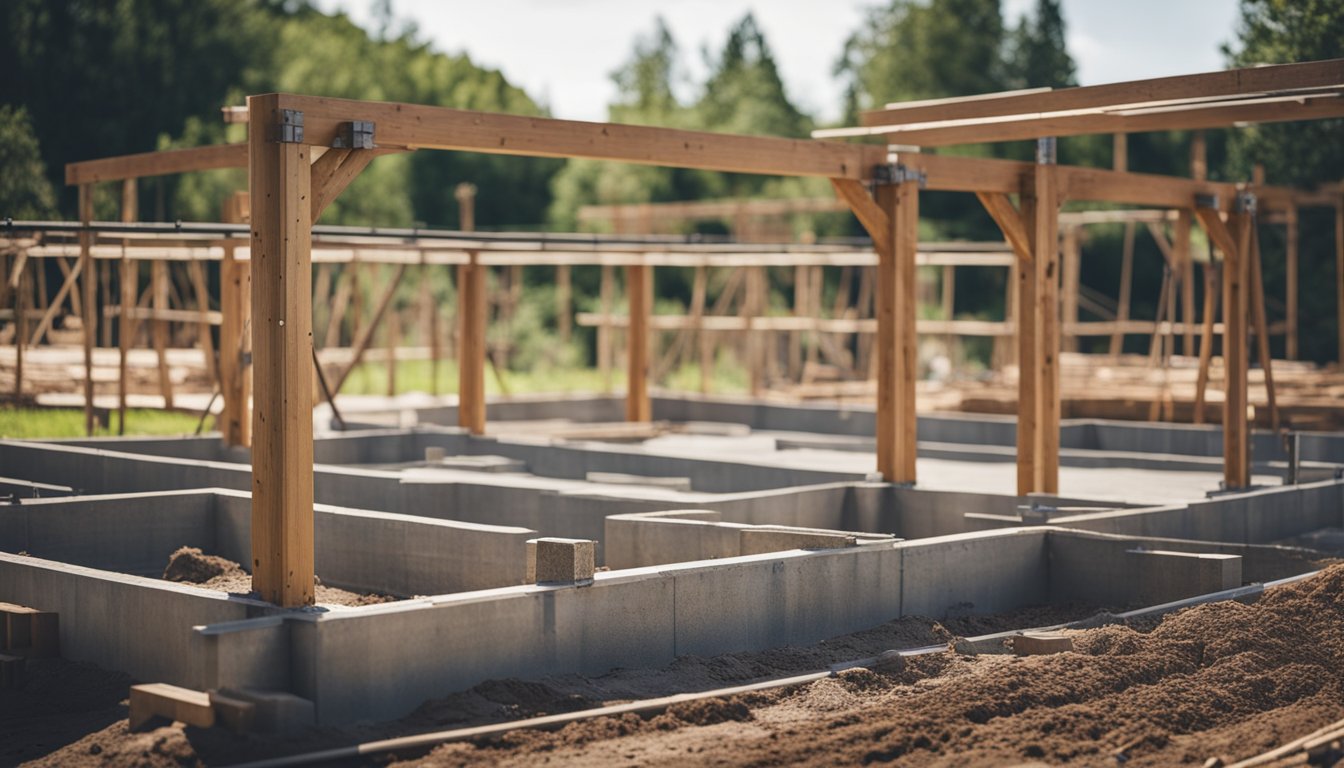 A barn foundation is being laid with concrete and rebar, while the framing of the structure begins to take shape with wooden beams and trusses