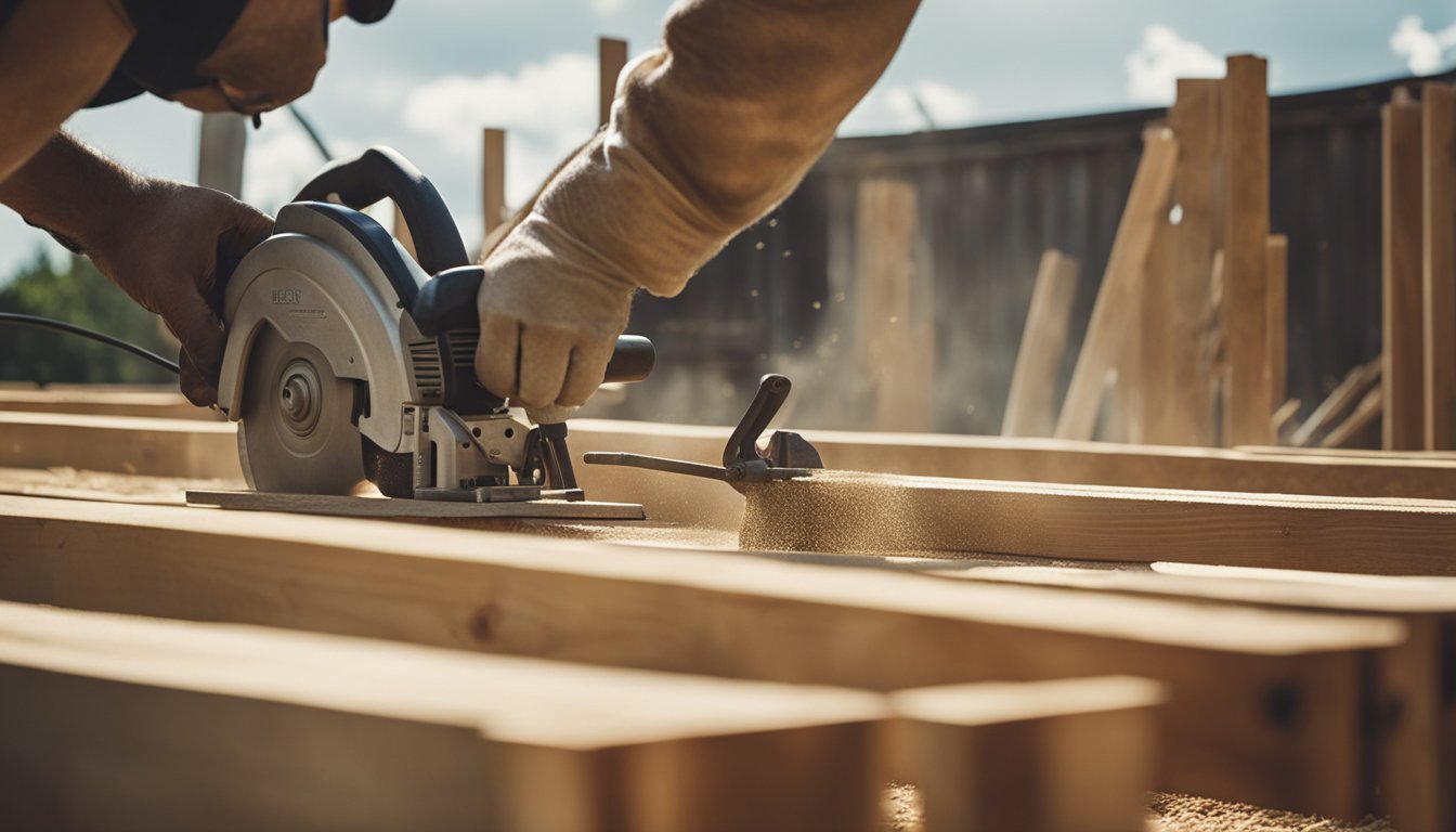 Workers hammering nails into wooden beams, sawing planks, and hoisting trusses onto the barn frame. Dust and sawdust fill the air as the structure takes shape