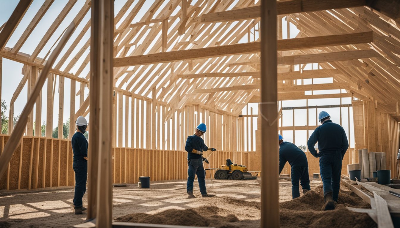 A barn under construction with workers installing utility systems and insulation