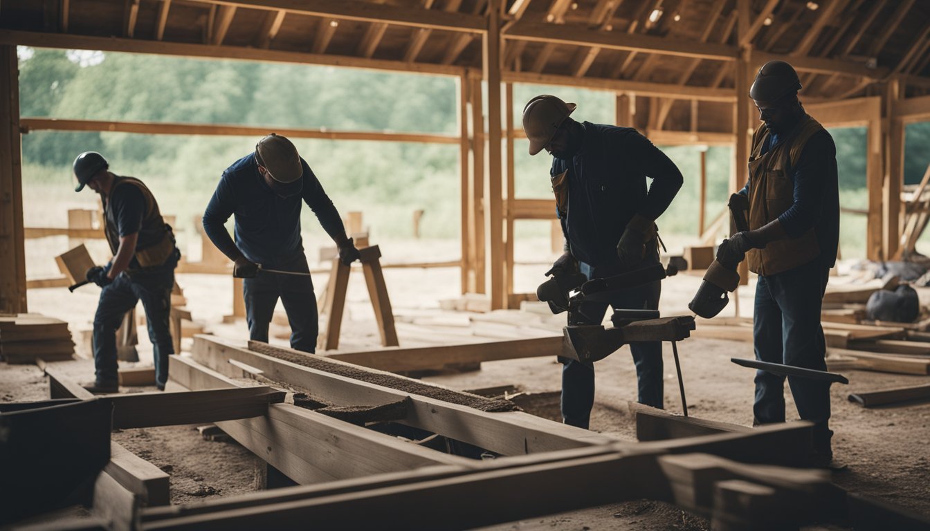 A barn being constructed with workers hammering, sawing, and measuring wood. Tools and materials scattered around the site