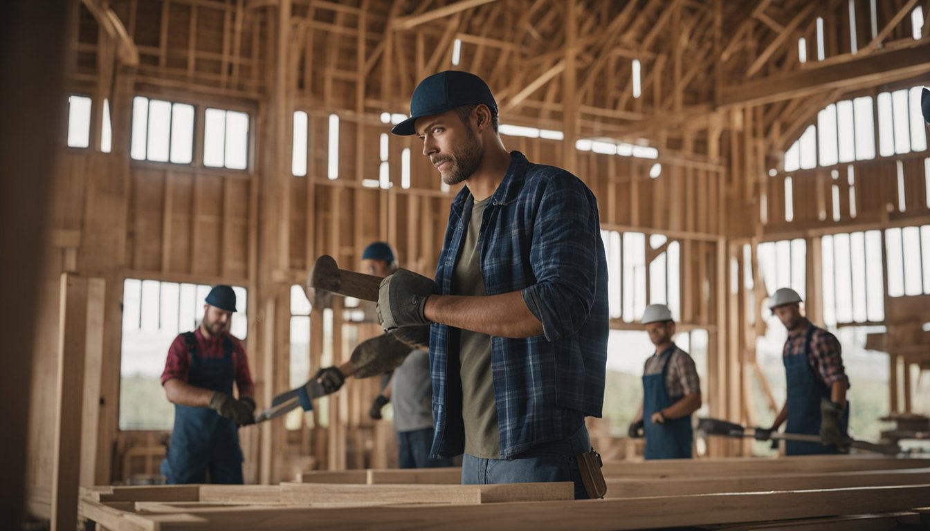 A group of workers constructs a barn, using tools and materials. The frame takes shape, with a roof and walls being added