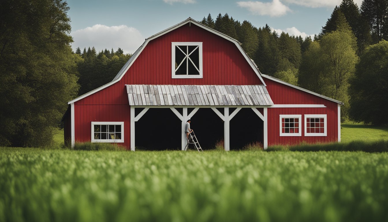 A red barn stands in a green field, with a painter on a ladder adding fresh white paint to its weathered walls