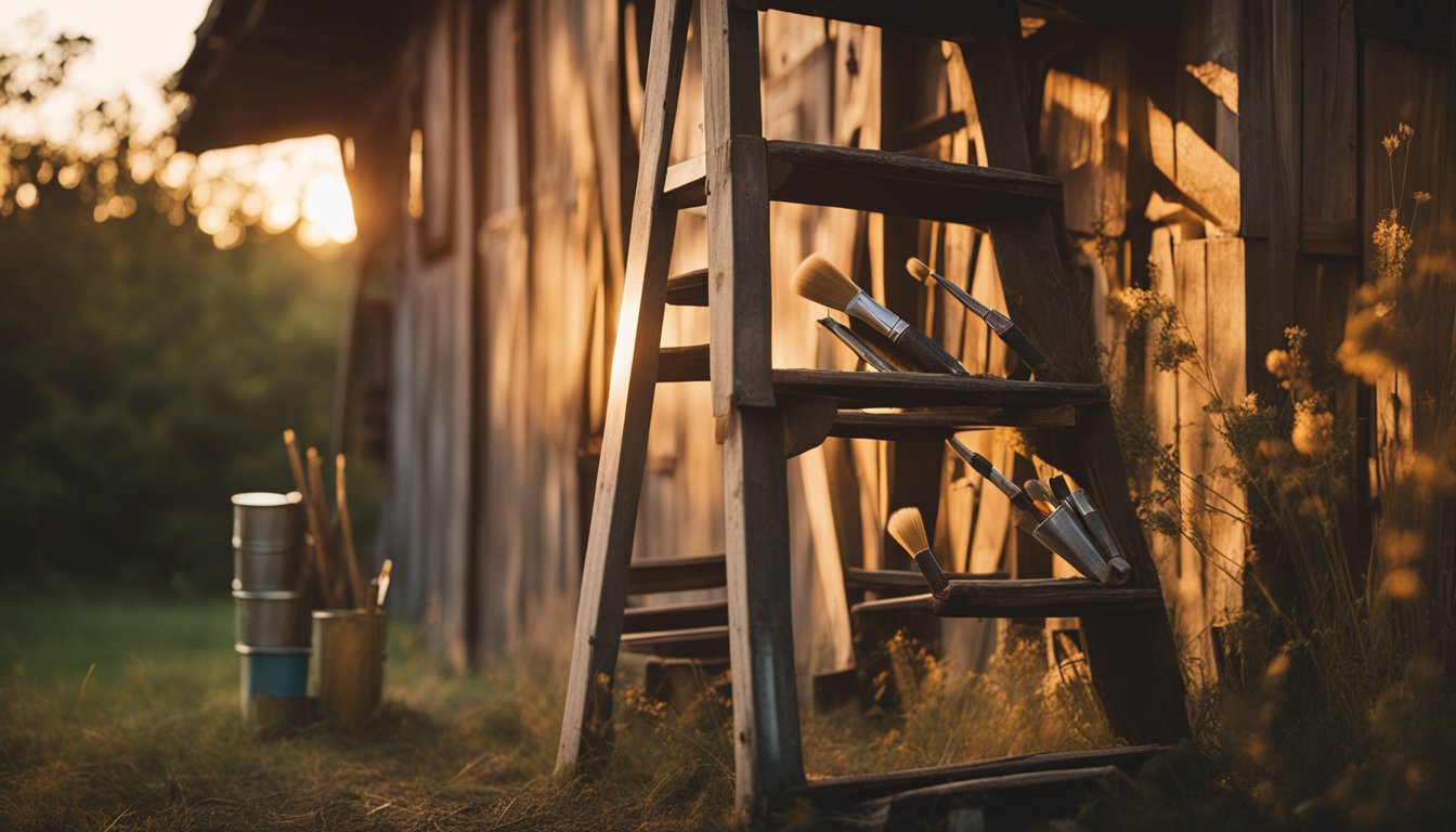 A ladder leans against a weathered barn, paint cans and brushes scattered nearby. The sun sets, casting a warm glow on the scene