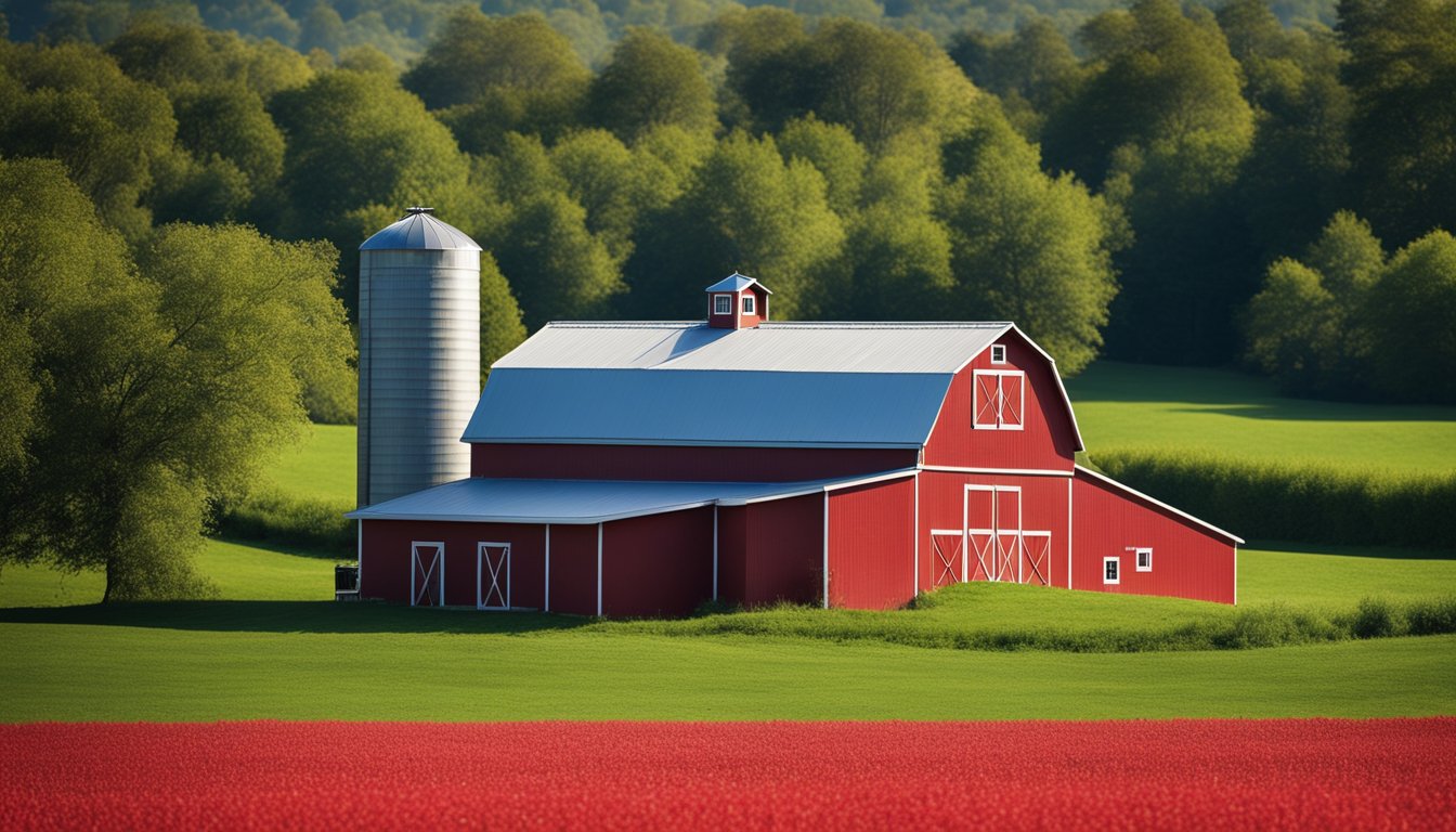 A barn with a fresh coat of red paint, surrounded by lush green fields and a clear blue sky. Materials such as paint cans, brushes, and a ladder are scattered nearby