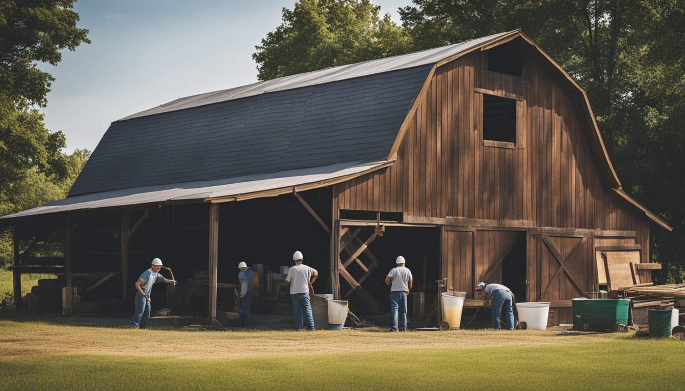 A barn being repaired and prepped for painting, with workers sanding and patching the exterior