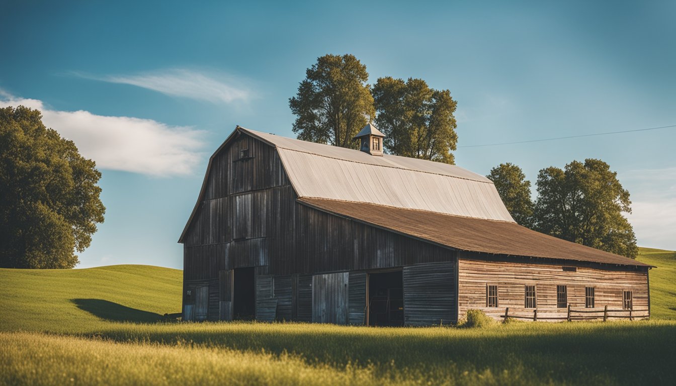 A rustic barn with a fresh coat of paint, surrounded by rolling hills and a clear blue sky. A sign reads "Barn Painting Service" with contact information