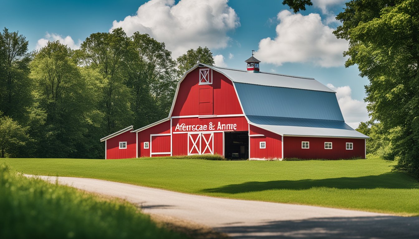 A bright red barn with a fresh coat of paint, surrounded by lush green fields and a clear blue sky. A sign reads "Aftercare and Maintenance Barn Painting Service" in bold lettering