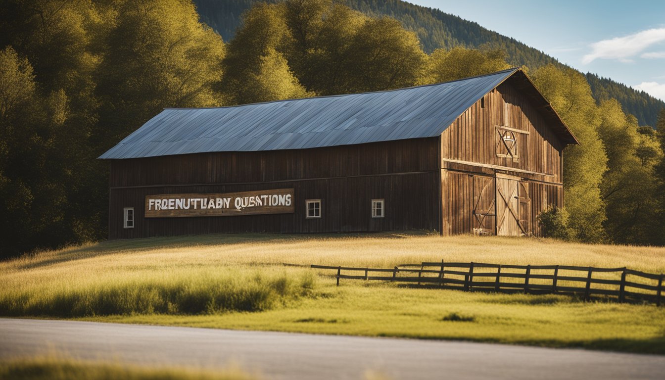 A rustic barn with a "Frequently Asked Questions Barn Painting Service" sign hanging above the entrance, surrounded by rolling hills and a clear blue sky