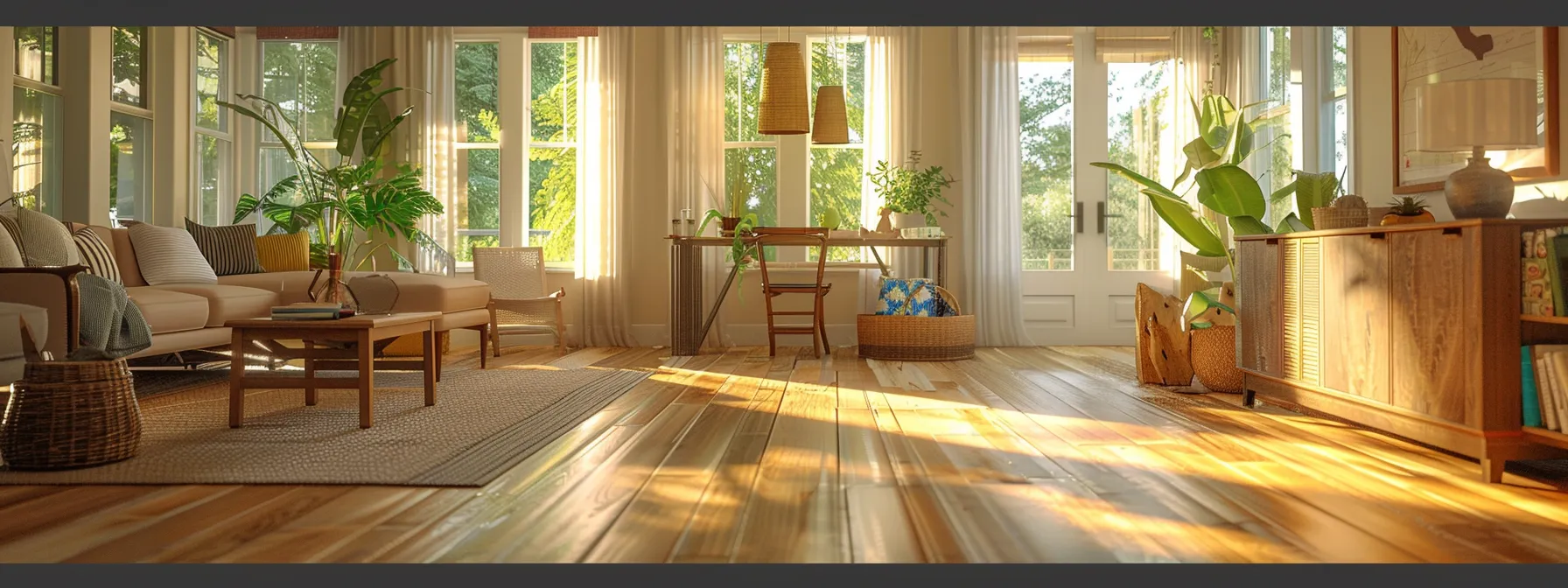 a beautifully designed living room with bamboo flooring and reclaimed wood furniture.