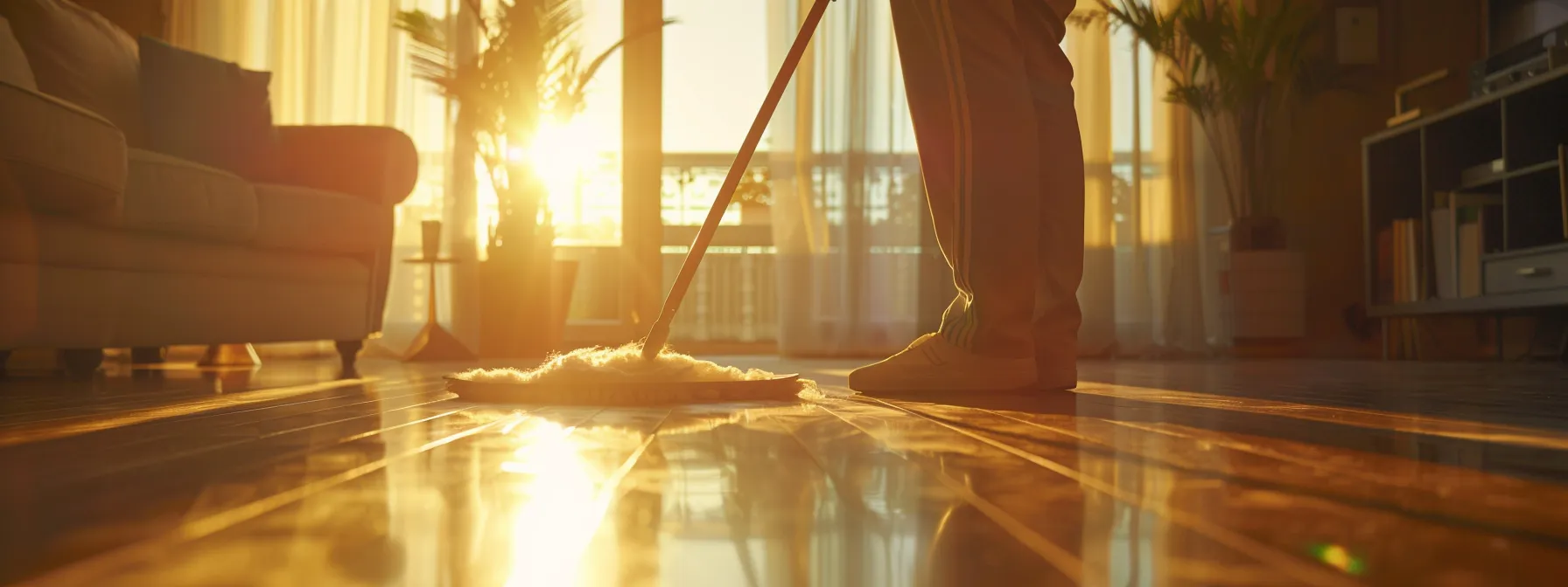 a person using a mop to clean a shiny hardwood floor in a bright and spacious living room.