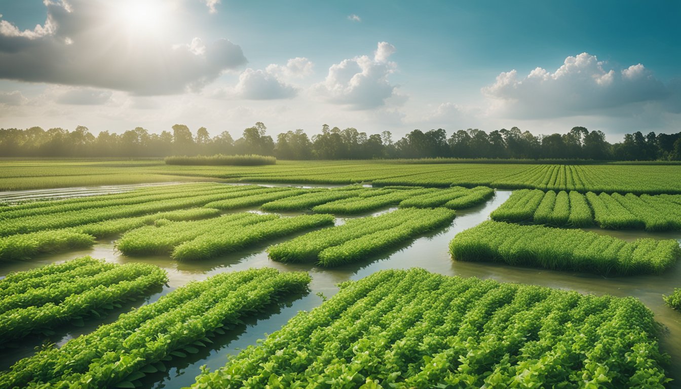 Lush green crops surrounded by clean, clear water flowing through advanced filtration systems on a modern farm