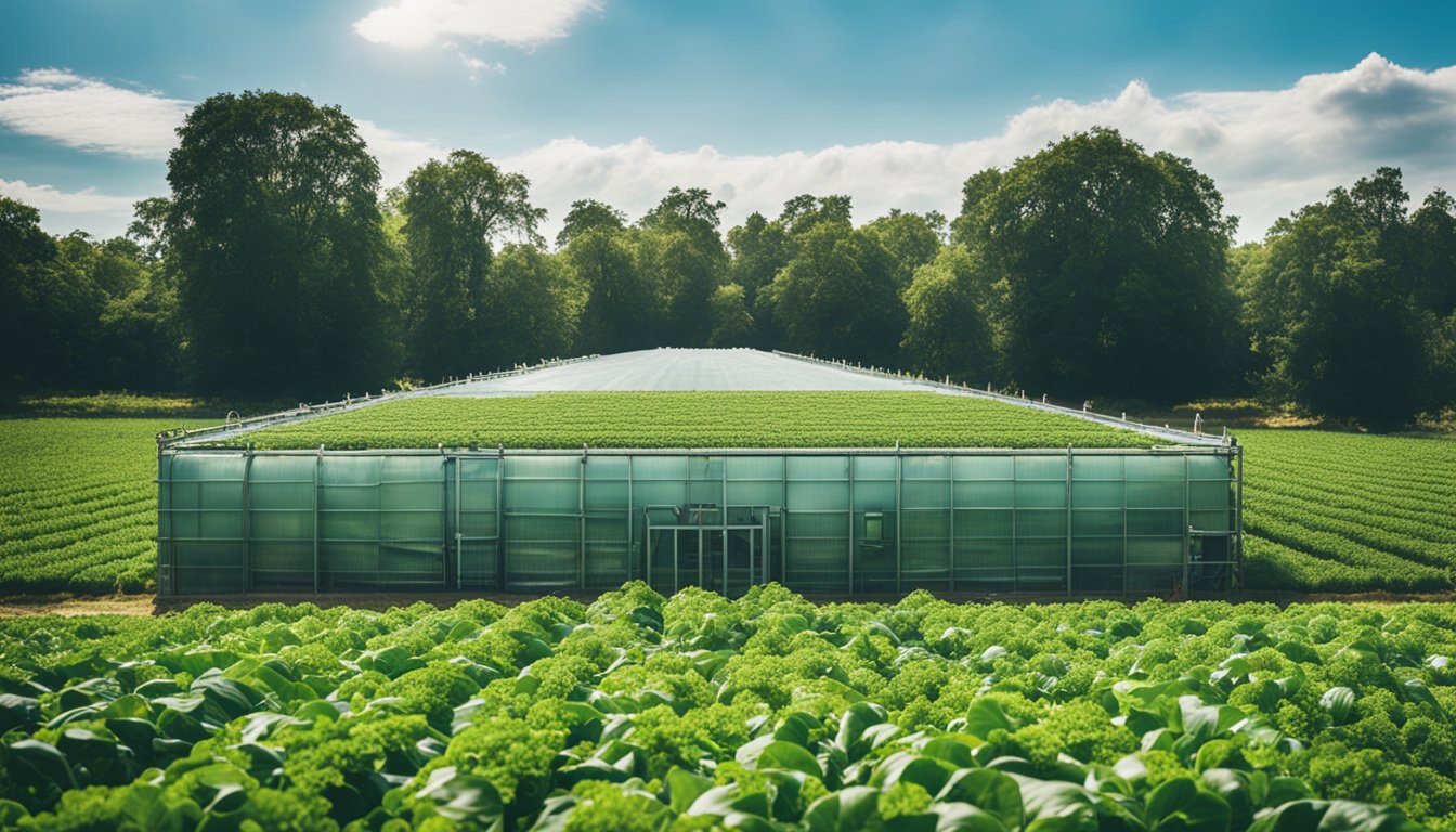 Lush green farm with clean water filtration system, produce being washed and harvested, clear blue sky above