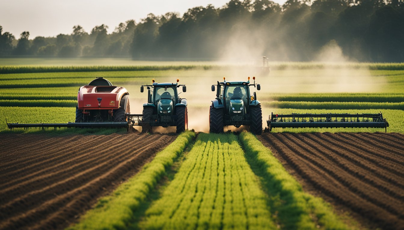 A farm scene with various agricultural equipment such as tractors, plows, and irrigation systems, all being used in a clean and well-maintained environment thanks to the presence of water filtration systems