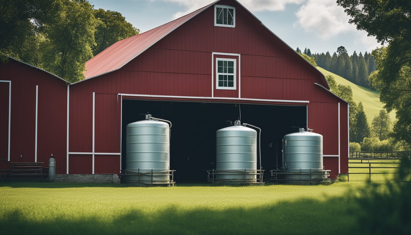 A large, red barn with a water filtration system attached to the side. A group of healthy, hydrated livestock grazing in the lush green pasture nearby