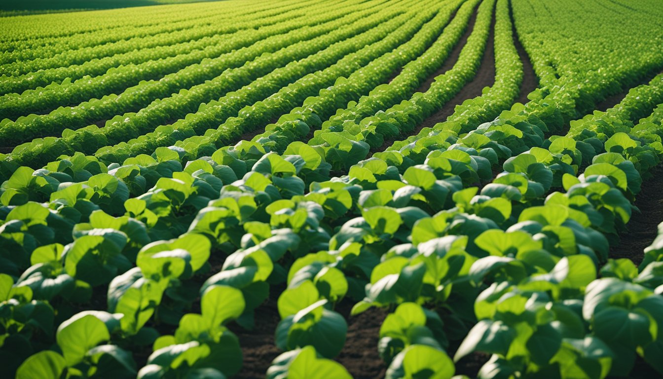 Lush green farm with rows of healthy crops, clean water filtration system in the background, illustrating enhanced soil quality