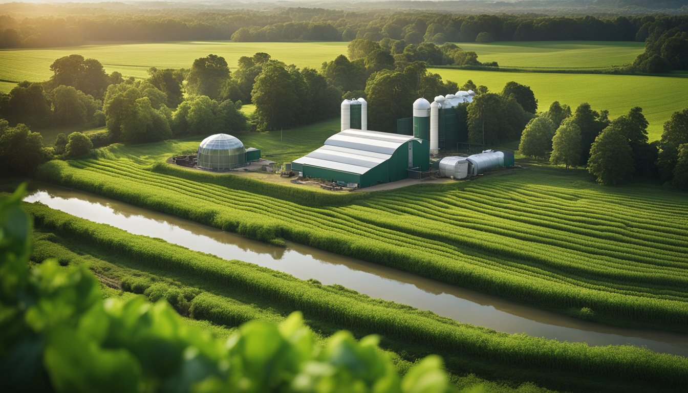 A lush green farm with crops and livestock surrounded by clear, flowing streams. A water filtration system is installed near the farm buildings