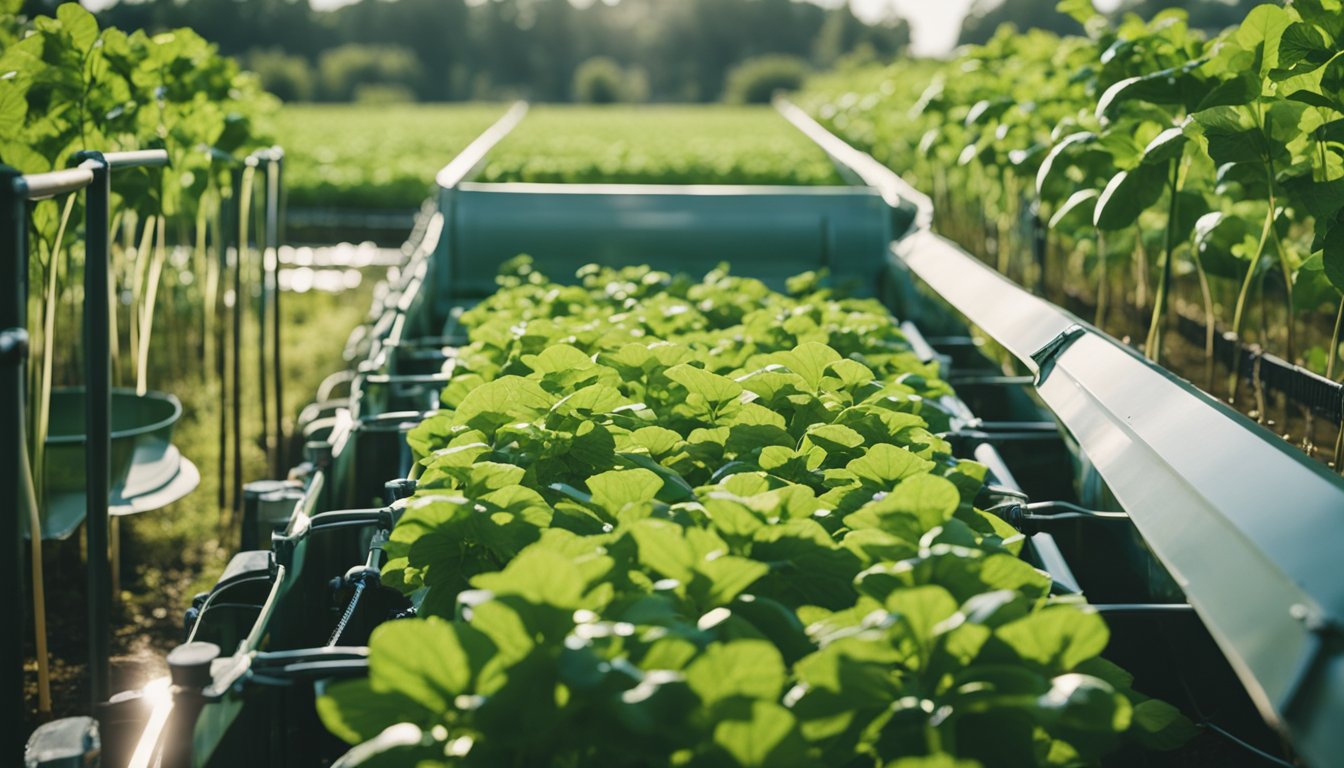 A lush green farm with clean water flowing from a filtration system, surrounded by healthy crops and livestock