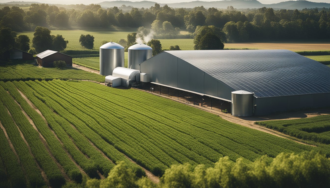 A sprawling farm landscape with a large water filtration system in the foreground, surrounded by crops and livestock