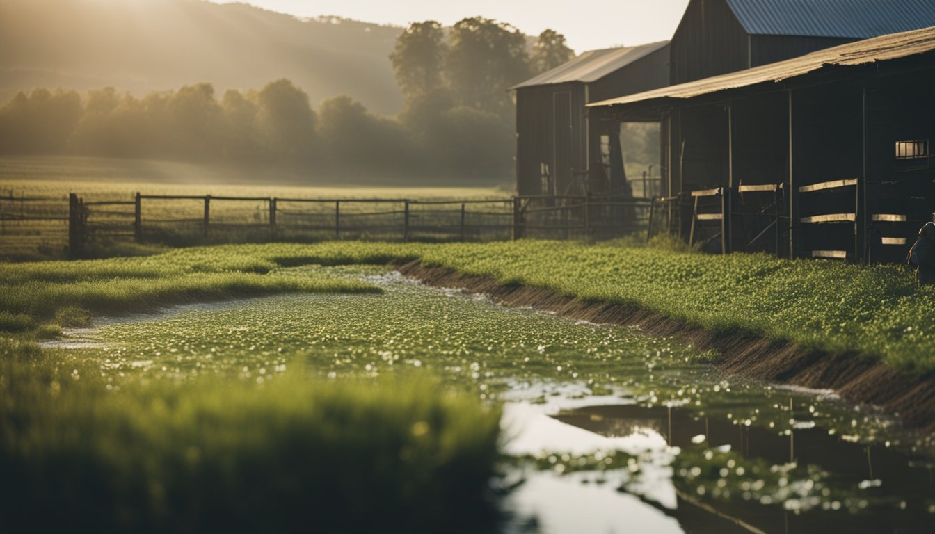 A farm with chemical runoff polluting a nearby water source