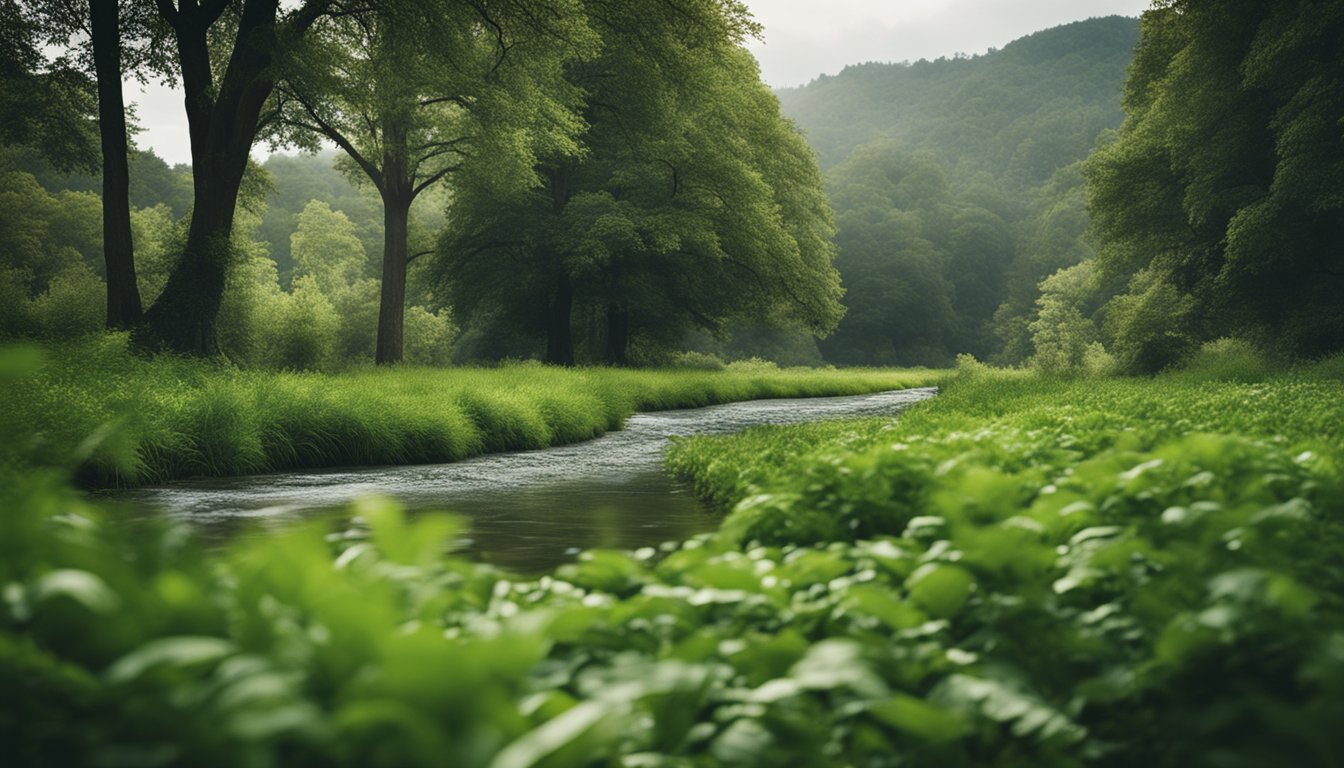 A lush green farm field with a stream running through it, surrounded by trees and wildlife. The water in the stream appears murky and contaminated with phosphates