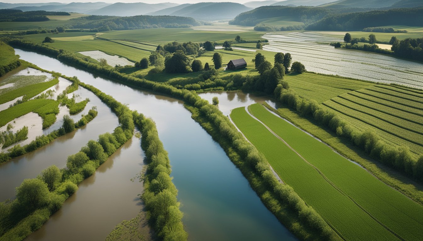 A farm with fields of crops surrounded by a river with contaminated water