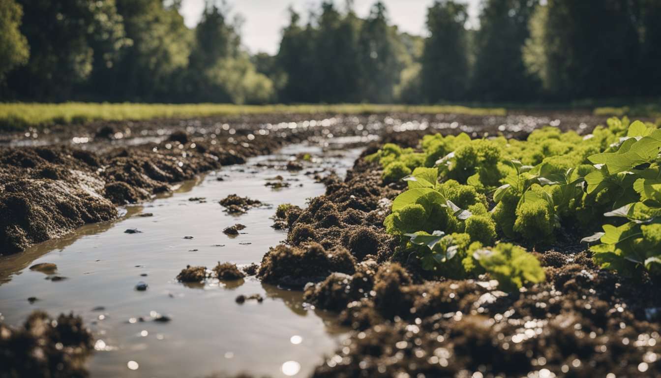 A stream polluted with E. coli bacteria, surrounded by farmland and animal waste runoff