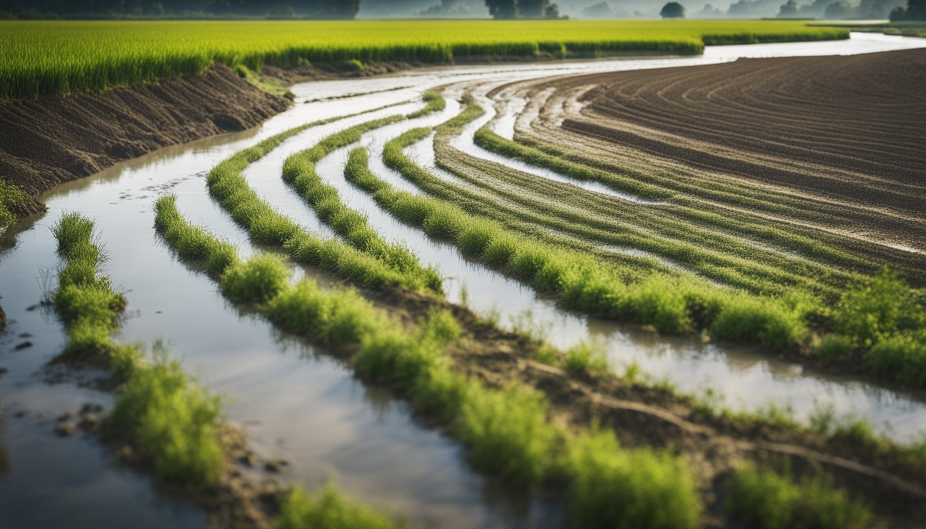 A serene river flowing through farmland, with murky water and visible traces of pesticides, fertilizers, animal waste, and sediment