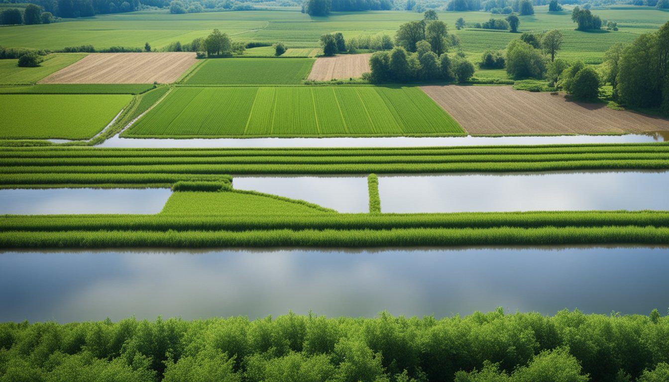 A farm with fields and crops surrounded by a stream or river with visible pollutants like pesticides, fertilizers, sediment, and bacteria