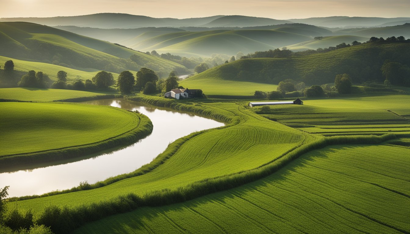 A serene countryside landscape with a farm, rolling hills, and a stream polluted with sediment, nutrients, pesticides, and bacteria