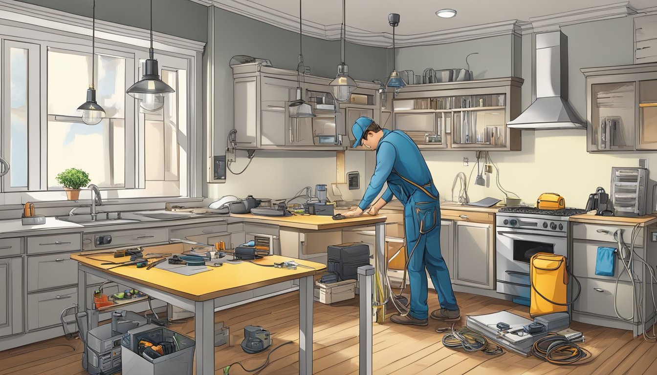 A residential electrician installing wiring and outlets in a home, with tools and equipment scattered around the work area