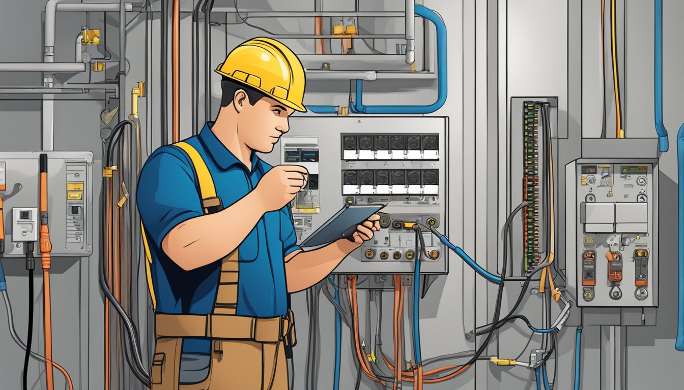 An electrician inspecting wiring and safety equipment in a residential setting