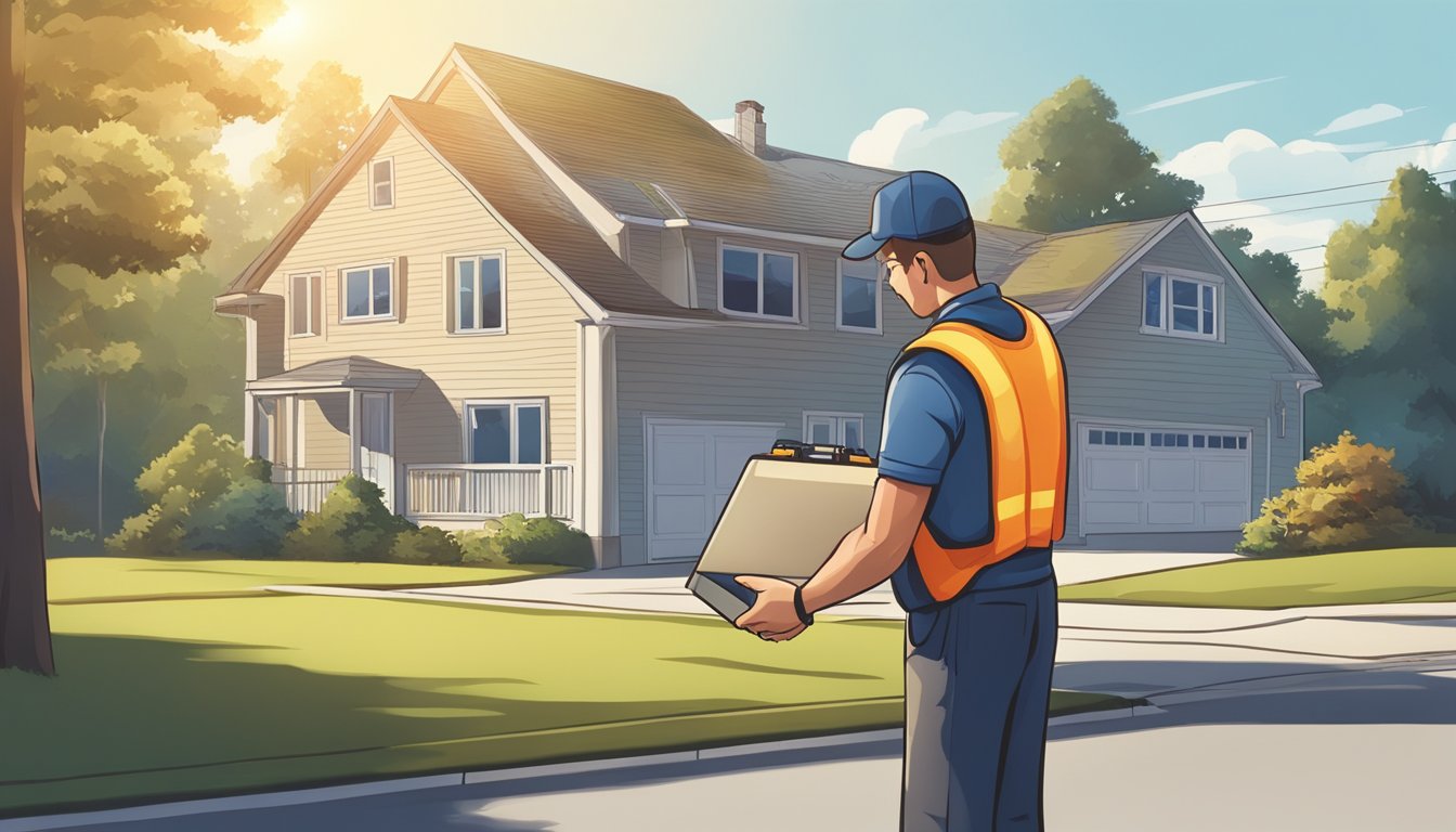 A residential electrician standing in front of a house, holding a toolbox and examining the electrical panel. The sun is shining, and there are trees in the background