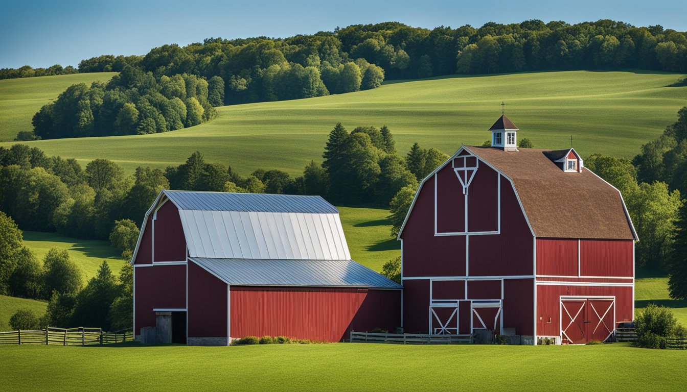 A rustic barn nestled in the rolling hills of Norfolk County, surrounded by lush green fields and a clear blue sky. The barn features thoughtful design elements such as large windows, a spacious loft, a sturdy metal roof, and a traditional red exterior
