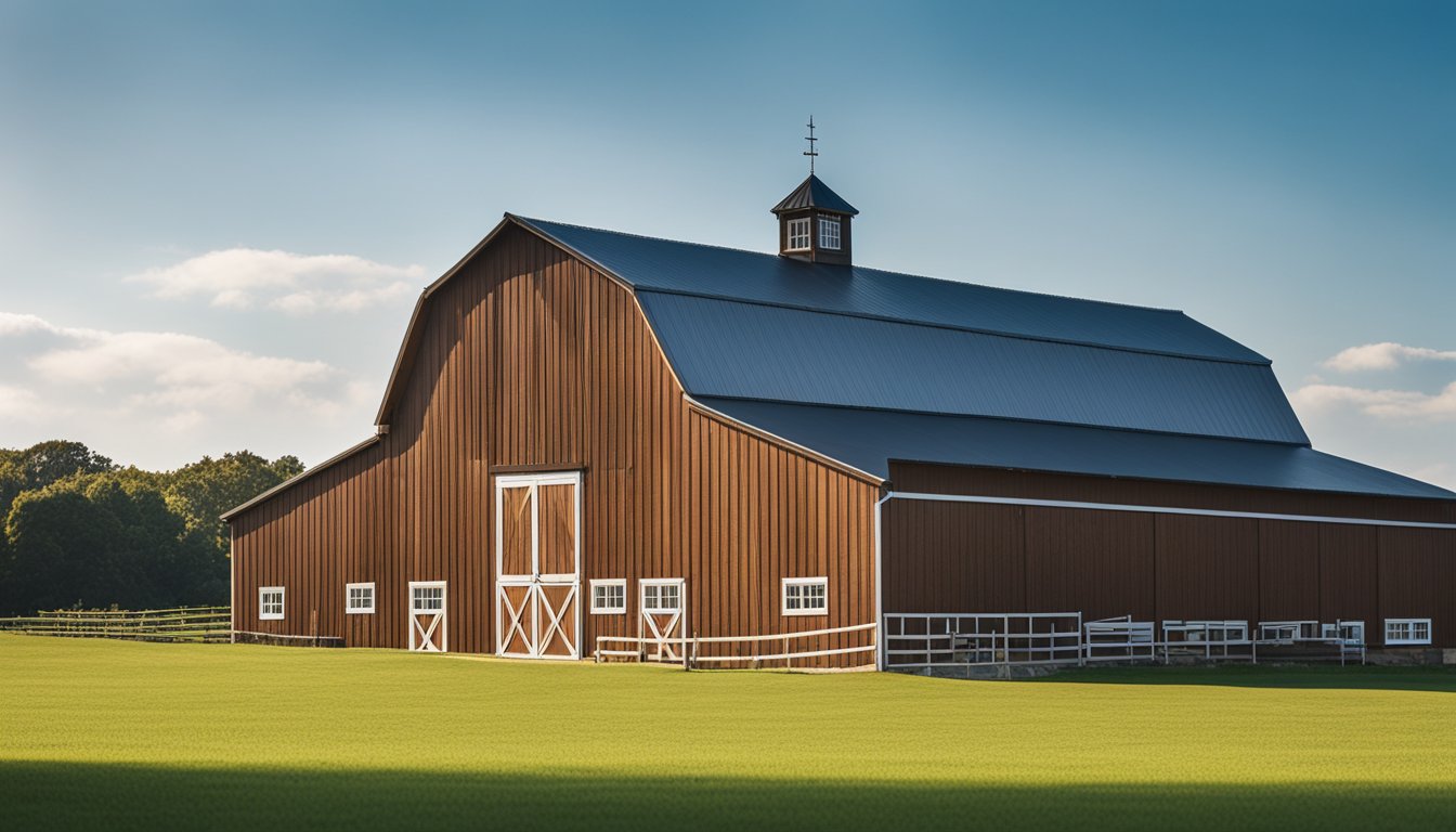 A spacious barn with sturdy, weather-resistant flooring, surrounded by lush green fields and a clear blue sky in Norfolk County