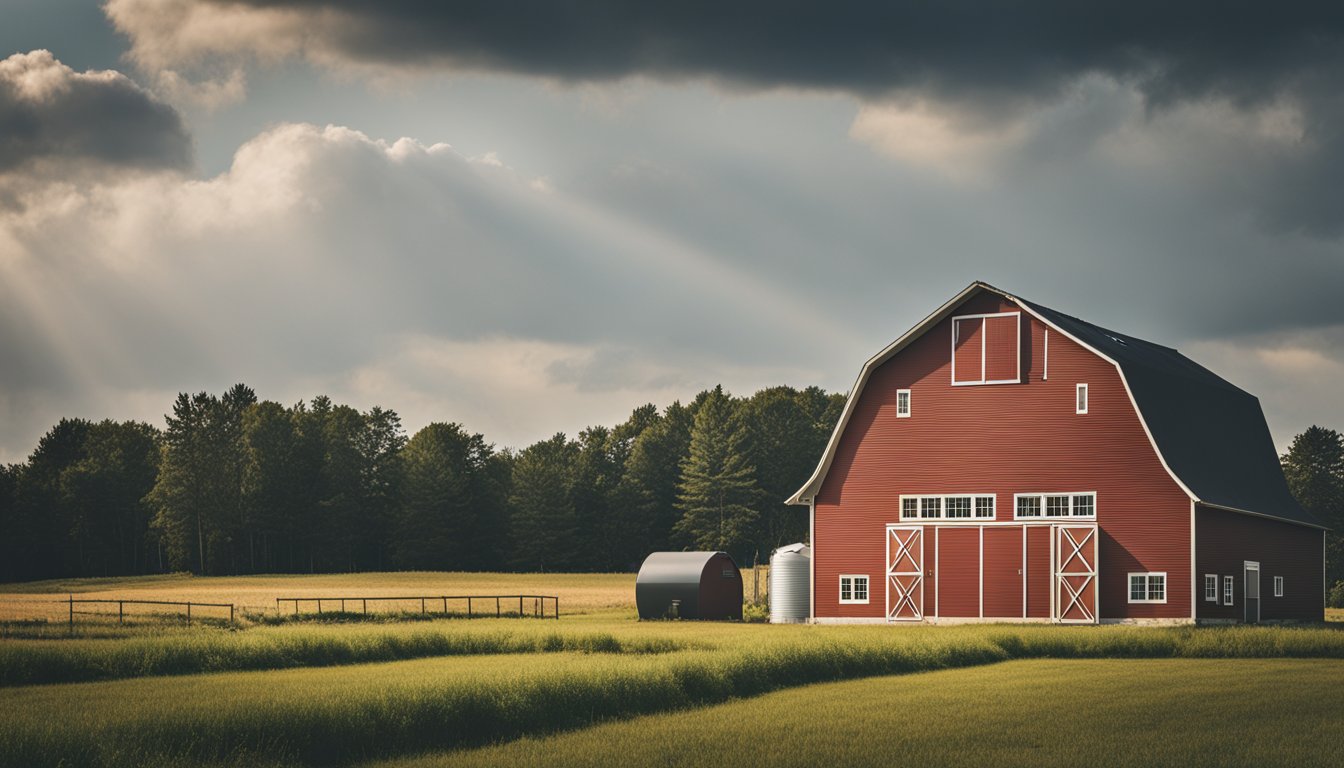 A barn in Norfolk County with a rainwater harvesting system, featuring a sloped roof, gutters, downspouts, and a large storage tank