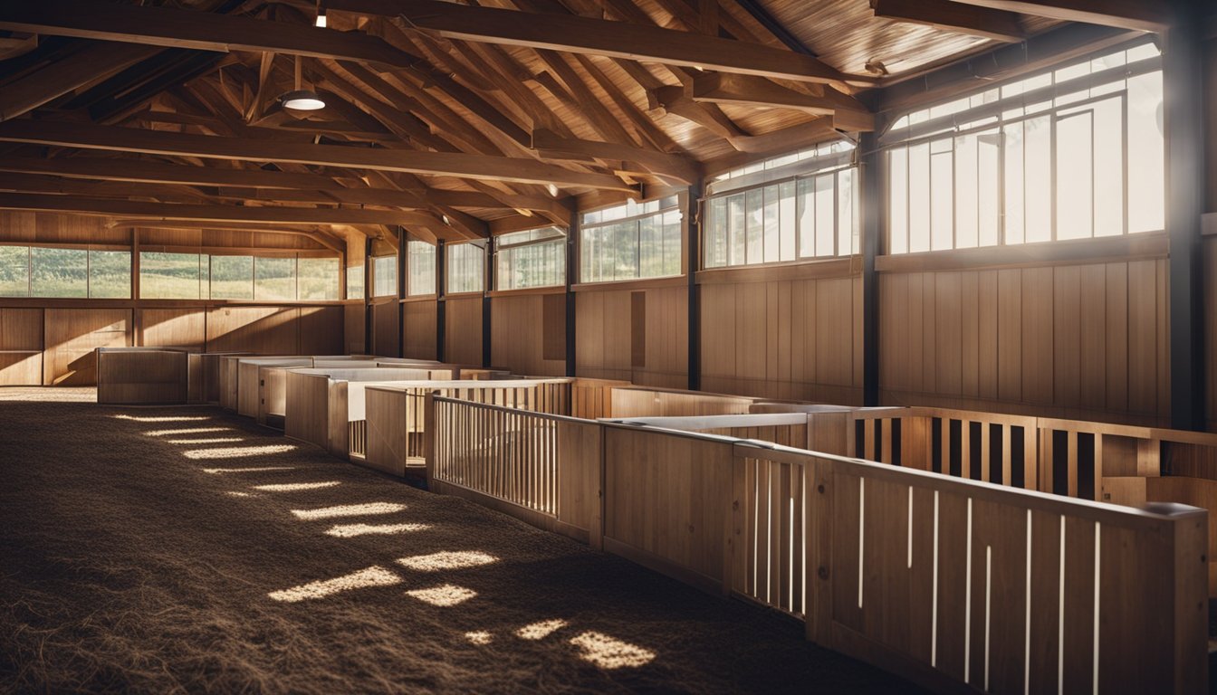 A spacious barn interior with flexible stall layouts, featuring thoughtful design elements such as ample natural light, durable materials, efficient ventilation, and easy access for feeding and cleaning