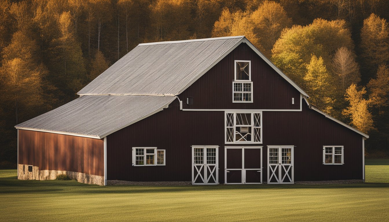 A barn in Norfolk County with a variety of building materials such as wood, metal, and stone. Thoughtful features include windows, a sturdy roof, ventilation, and durable flooring