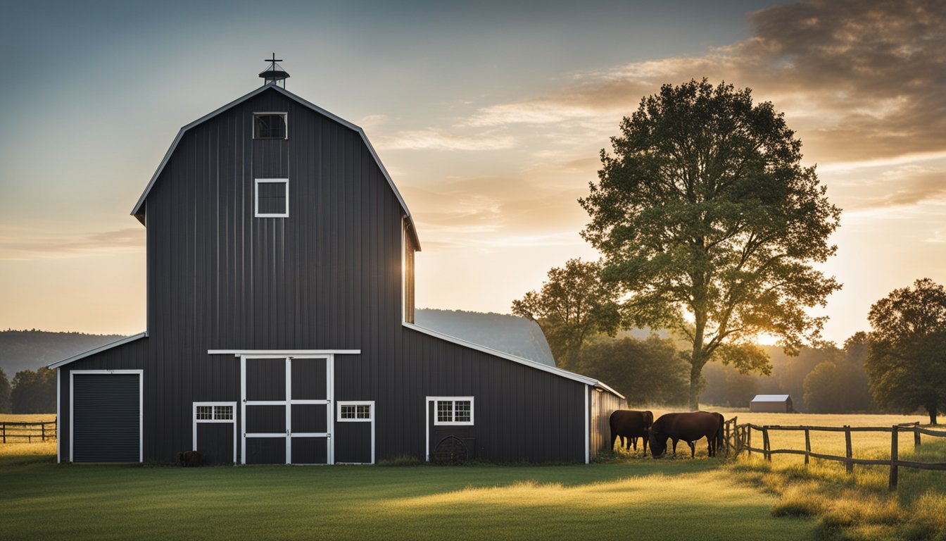 A spacious barn in a rural setting, with a sturdy and well-ventilated design. It includes thoughtful features like ample natural light, secure storage areas, and easy access for livestock