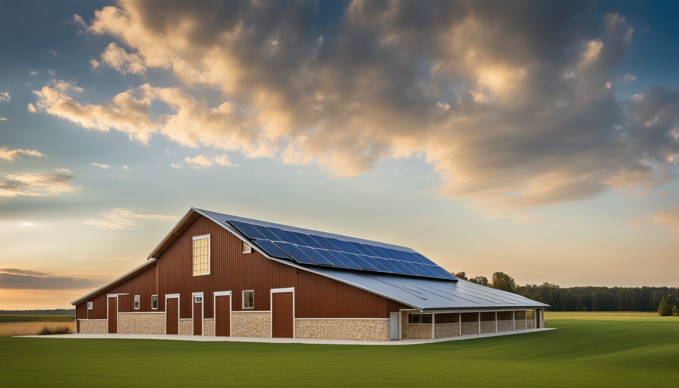 A new barn in Norfolk County, featuring energy-efficient design elements such as solar panels, natural lighting, insulation, rainwater collection, and efficient ventilation