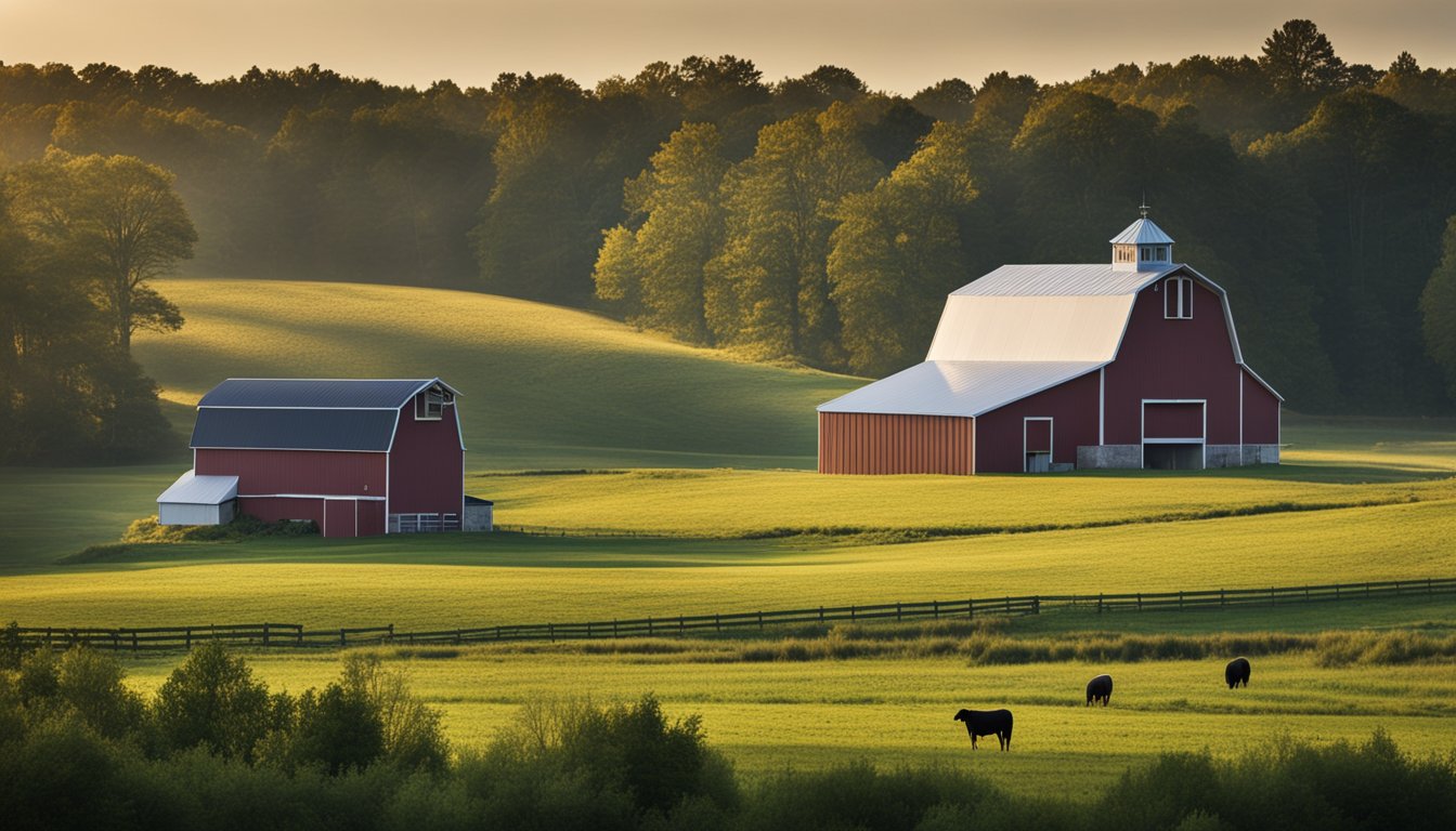 A sprawling Norfolk County landscape with a newly constructed barn, showcasing thoughtful features such as ample ventilation, natural lighting, durable materials, efficient layout, and easy access for livestock