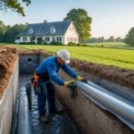 Technician applying waterproof sealant to the foundation of a rural farmhouse with excavated soil and green fields in the background.