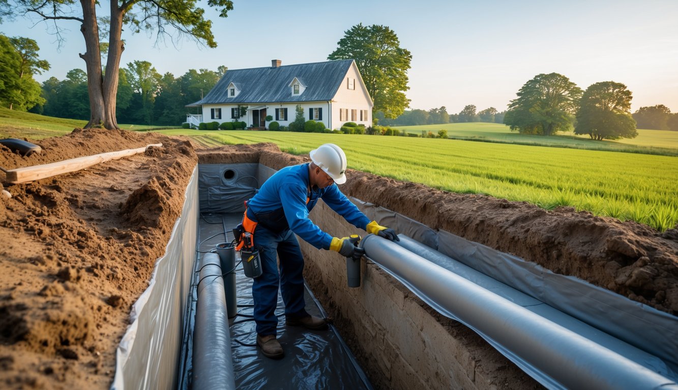 Technician applying waterproof sealant to the foundation of a rural farmhouse with excavated soil and green fields in the background.